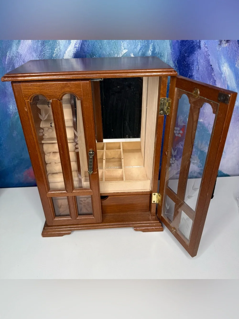 Vintage Wooden Jewelry Box Etched Floral Glass 1980s Armoire Chest Mirror Drawer